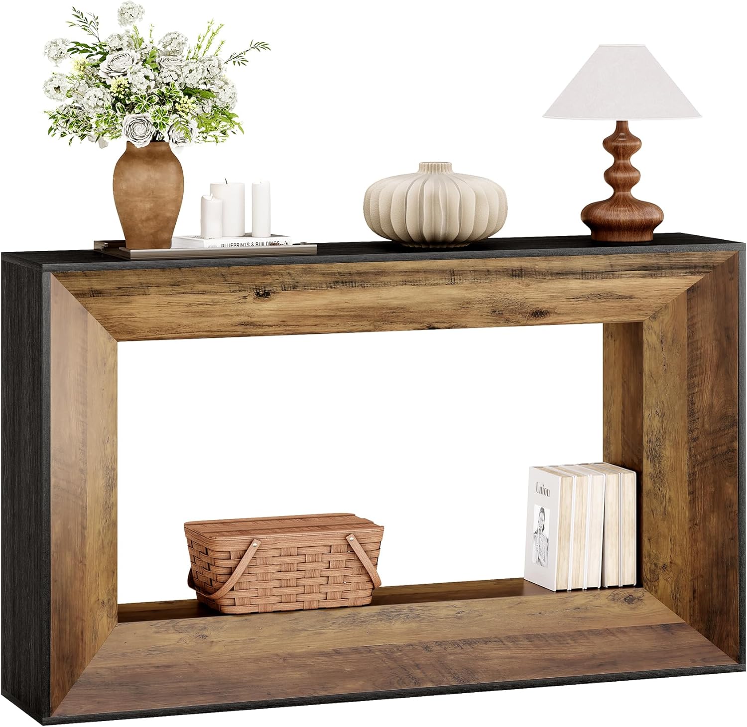 55" Console Table, 2-Tier Farmhouse Sofa Table Behind Couch